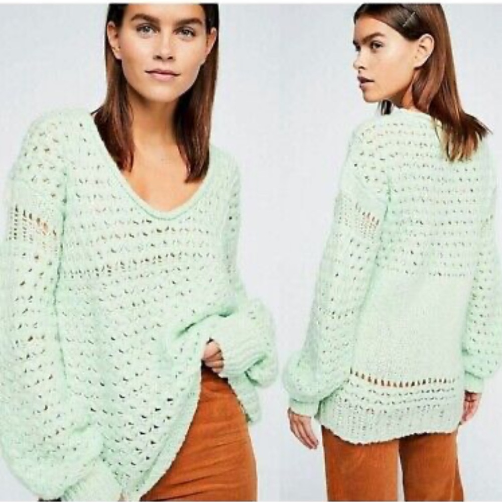 Free People Crashing Waves Open Knit Sweater Wool Blend Mint Green Slouchy S